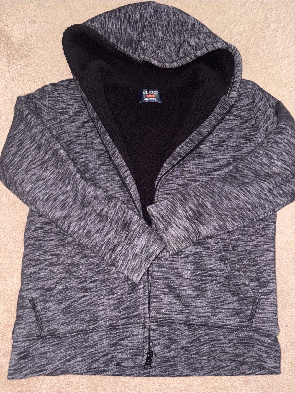 The Children's Place Gray Marled Zip-Up Hoodie with Black Sherpa Lining